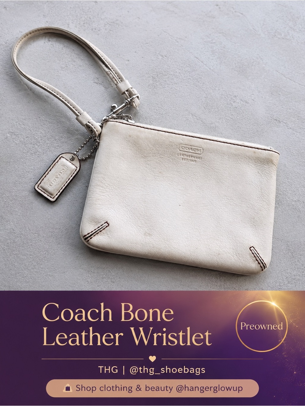 Coach Bone White Leather Wristlet Pouch Silver Hardware Zip Clutch